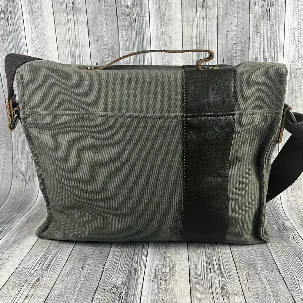 Pottery Barn Messenger Laptop Bag Bradley Leather & Canvas Taupe & Olive Bag